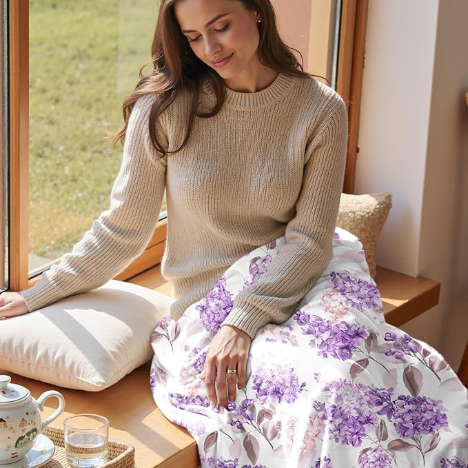 Floral Throw Blanket Birthday Gift for Women Mom Girls Violet Flowers Blanket Summer Wildflower Flannel Blanket Watercolor Printed Throw for Couch Sofa Bed Chair 60"x80"