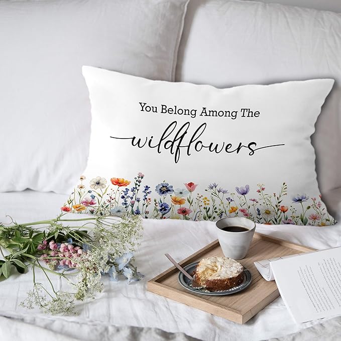 Inspirational Spring Wildflower Pillow Covers 12x20 Set of 2, Hello Bloom Floral Decorative Lumbar Pillow Covers for Baby Girls Nursery Room Bedroom Dorm