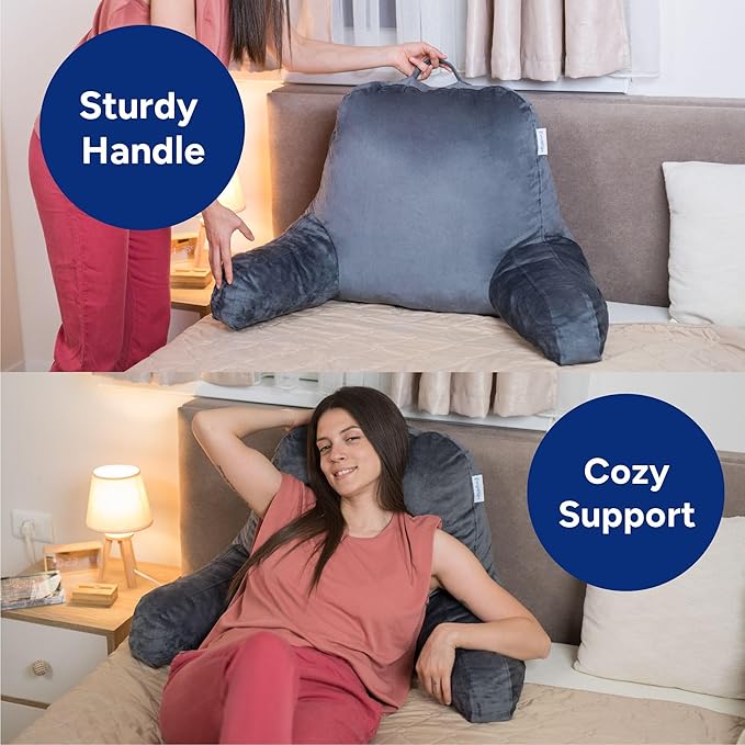 ComfortSpa Reading Pillow for Bed Adult Size, Back Rest Pillow with Arms, Pockets and Washable Cover; Use as a Back Pillow for Bed Sitting Up for Bedrest or Relief from GERD Heartburn (Large Grey)