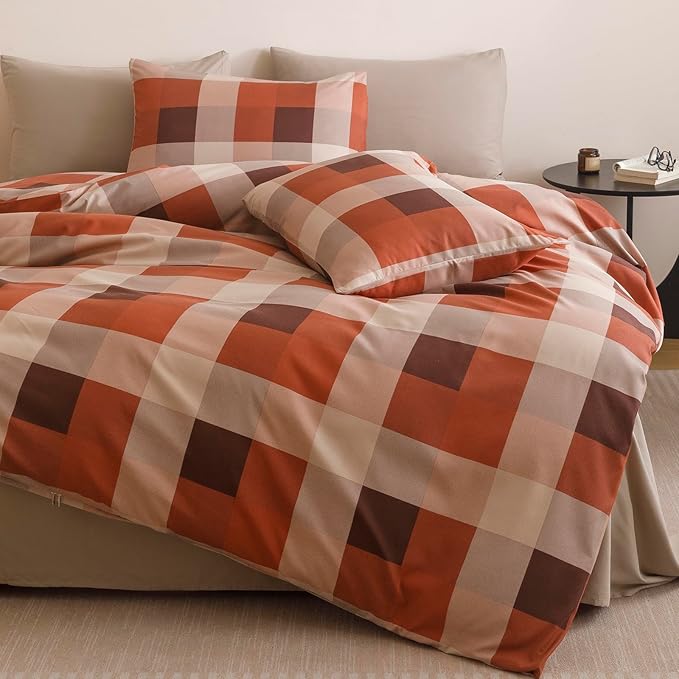 Wellboo Red Plaid Comforter Sets Queen Size Taupe and Orange Grid Bedding Comforters Modern Minimalist Checkered Quilt Blankets Women Men Beige Checkerboard Bedding Soft Luxurious Brown Geometric Bed