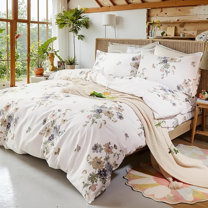 100% Cotton Duvet Cover King Size Vintage Floral Duvet Cover Set with Zipper Closure & Corner Ties 3 Pieces Botanical Bedding Sets Soft and Lightweight Comforter Cover for All Seasons