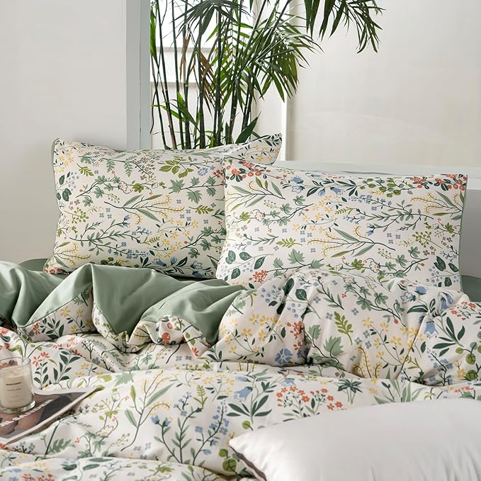 Jane yre Twin Duvet Cover Set Floral Soft Cotton 3 Pieces Bedding Set Chic Floral Garden Fresh Style Green Leaf Twin Flower Duvet Cover with Zipper Closure Luxury Breathable Comfy