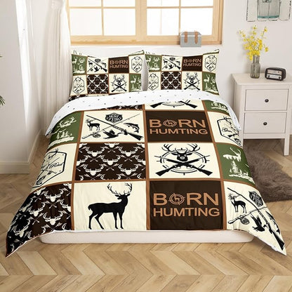 Castle Fairy Hunting Deer Antler Bedding Set Queen Size,Fishing Arrow Wild Animal Duvet Cover Set for Children Bedroom Present, Green Geometric Plaid Microfiber Comforter Cover with 2 Pillowcases