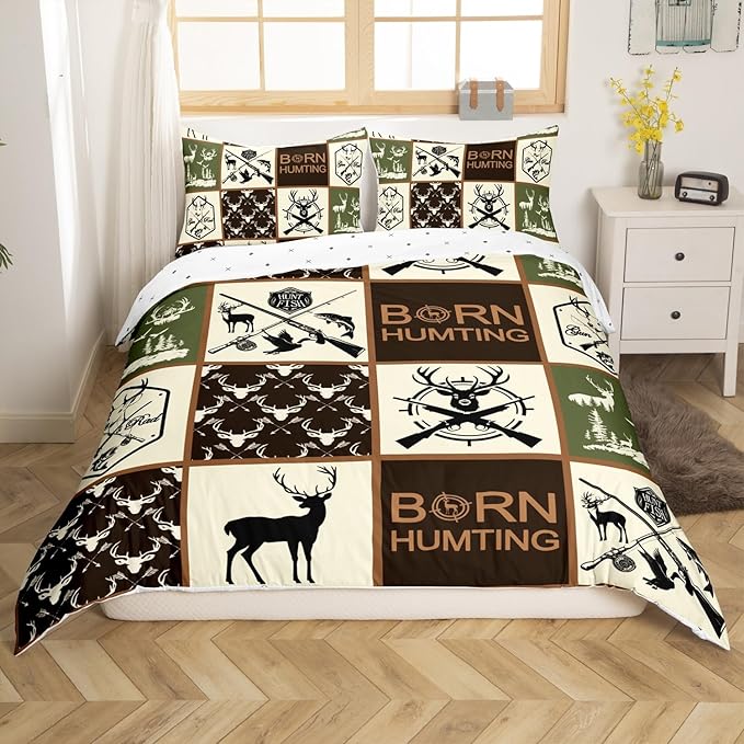 Castle Fairy Hunting Deer Antler Full Size Duvet Cover Set,Fishing Arrow Wild Animal Comforter Cover with 2 Pillowcases,3pcs,Green Geometric Plaid Polyester Bed Spread for Boys Teens Bedroom Decor