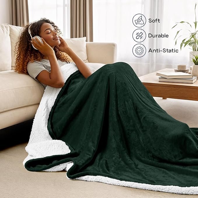 Utopia Bedding Sherpa Blanket Queen Size (Forest Green, 90x90 Inches) - Soft Lightweight Plush Fleece Reversible Blanket for Bed, Sofa, Couch, Camping and Travel