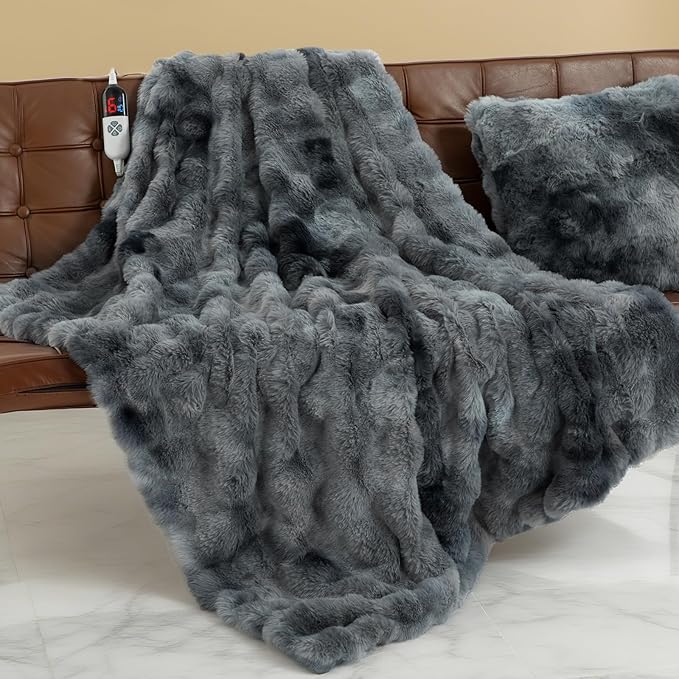 Faux Fur Heated Blanket Twin Size 62"X84" - Bubble Electric Blanket Fluffy Soft Fuzzy with 6 Fast Heating Levels & 10 hrs Timer Settings, Washable & ETL Certified for Office Bed, Tie-Dye Blue