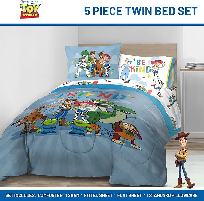 Jay Franco Kids Comforter Set Includes Sheets and Pillow Cover - Soft and Cozy Bed Set for Stylish Room Decor, Blue - Toy Story, 5 Piece Twin