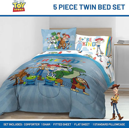 Jay Franco Kids Comforter Set Includes Sheets and Pillow Cover - Soft and Cozy Bed Set for Stylish Room Decor, Blue - Toy Story, 5 Piece Twin