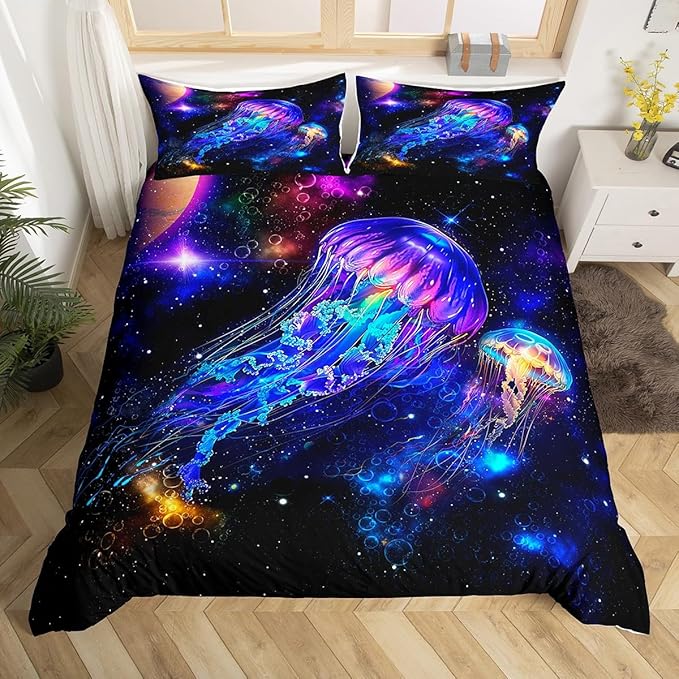 Castle Fairy Jellyfish Galaxy Kids Duvet Cover Set Full Size,Blue Nebula Spaceship Comforter Covet with 2 Pillowcases,Boys Room Decor Universe Stars Planets Polyester Bedding Set, (No Comforter)