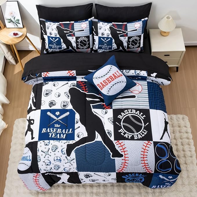 A Nice Night Sports Geometric Grid Black Patchwork Baseball Printed for Boys Twin 6Pcs Bed in A Bag Comforter Bedding Set,Blue