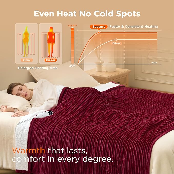 Bedsure GentleSoft Electric Blanket Twin - Soft Ribbed Flannel Heated Blanket, Heating with 10 Time Settings, 6 Heat Settings, and 8 hrs Timer Auto Shut Off, Gifts for Grandma (62x84 inches, Burgundy)