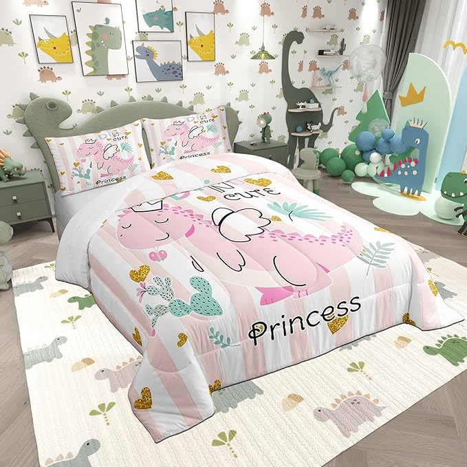 Castle Fairy Pink Dino Comforter Set Twin Size,Kawaii Cute Dinosaur Princess Bedding Set for Kids Boys Men,Cartoon Animal Girly Heart Stripes Quilted Duvet Set with 1 Pillowcase