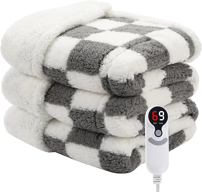 Electric Heated Blanket Full Size 72"×84" with 6 Heating Levels & 1-10Hs Auto Off, Checkered Plaid Heating Blanket Double Sided Sherpa, Fast Heating, Machine Washable for Christmas Gift Light Gray