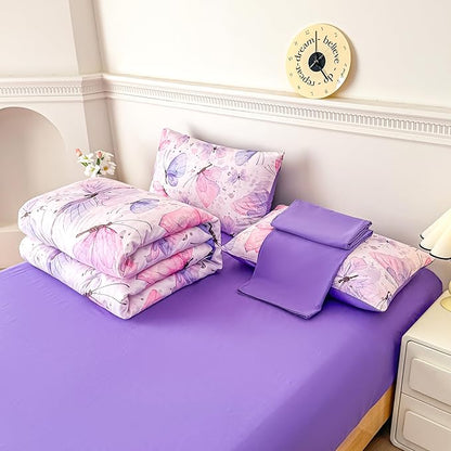 MWMWMW Girls Full Size Comforter Set, 5 Piece Pink Purple Butterfly Bedding Set for Girls Kids, Girls Beddding Set Full with 1 Comforter, 1 Flat Sheet, 1 Fitted Sheet & 2 Pillowcases