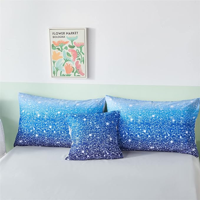 RYNGHIPY 6Pcs Gradient Aqua Blue Navy Ombre Comforter Sets with Sheets Pillowcases, Twin Size Sparkle Glitter Design Comforter Bedding Collections for Kids Boys and Girls