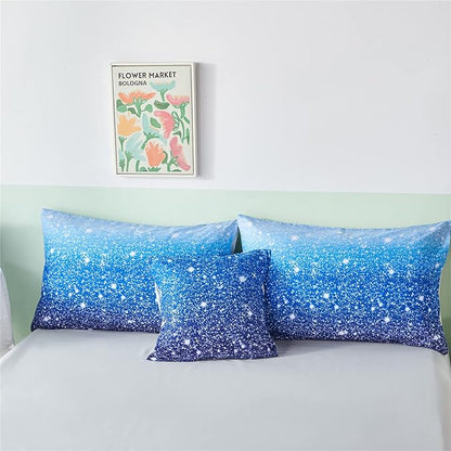 RYNGHIPY 6Pcs Gradient Aqua Blue Navy Ombre Comforter Sets with Sheets Pillowcases, Queen Size Sparkle Glitter Design Comforter Bedding Collections for Kids Boys and Girls