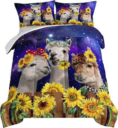 HOSIMA Funny Llama Twin Comforter Set,Alpacas Bedding Sets Animal Theme Room Decor.Soft Microfiber Star Galaxy Sunflower Full Size Bed in a Bag for Boys Girls Children Teens Dorm Room Essentials.