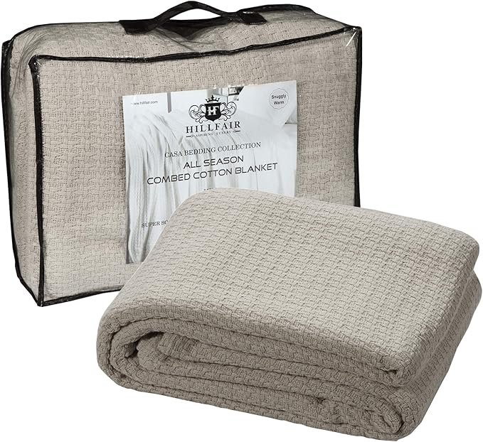 HILLFAIR 100% Combed Cotton Blanket– California King Size Bed Blanket – Warm Soft All Season Breathable Blankets – 102 x 108 inch Extra Large Oversized California King Cotton Blankets for Bed- Sand