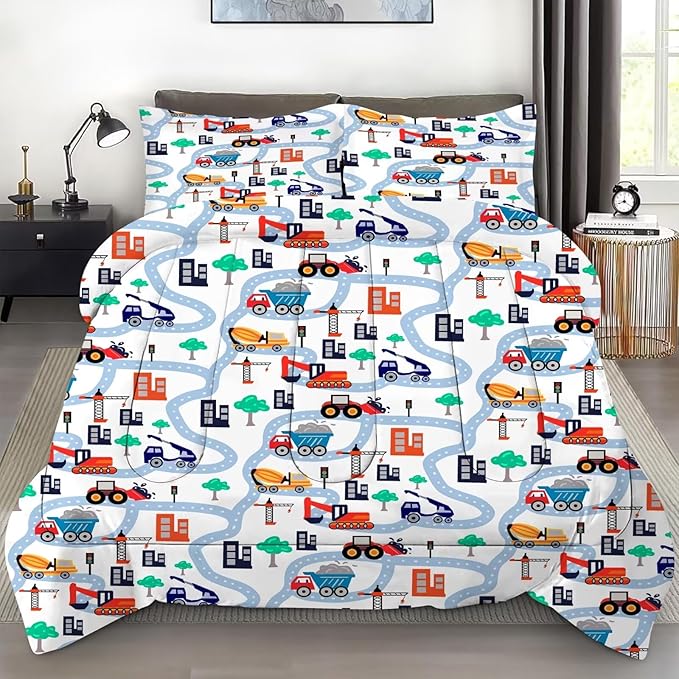 Construction Comforter Set Full: Cartoon Cars Comforter Set for Boys Kids Teen Children White Truck Bedding Bedroom Dorm Quilt 1 Comforter + 2 Pillow Cases
