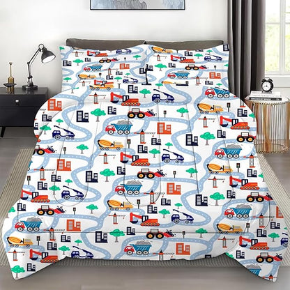 Construction Comforter Set Full: Cartoon Cars Comforter Set for Boys Kids Teen Children White Truck Bedding Bedroom Dorm Quilt 1 Comforter + 2 Pillow Cases