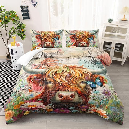 Cow Bedding Funny Animal Themed Comforter 3Pcs Queen Colorful Flower Cattle Print Comforter Set for Kids Teens Girls Boys Butterfly Bedroom Bed Decor with 1 Comforter and 2 Pillowcases