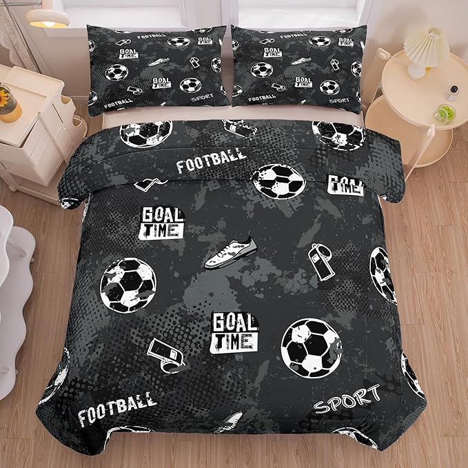 Peopleareok Soccer Bedding Set Twin (68x86 Inch), Black Soccer Theme Comforter, 2 Pieces Soft Microfiber Football Bedding Set for Boys Kids with 1 Pillowcases
