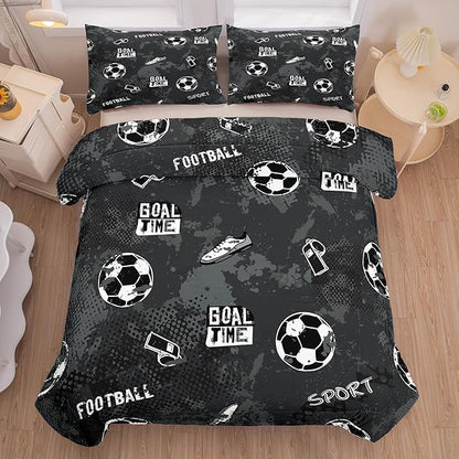 Peopleareok Soccer Bedding Set Twin (68x86 Inch), Black Soccer Theme Comforter, 2 Pieces Soft Microfiber Football Bedding Set for Boys Kids with 1 Pillowcases