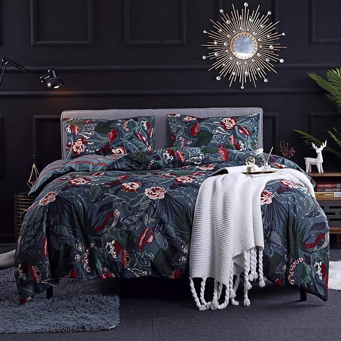 Floral Duvet Cover King Size Striped Green Botanical Bedding Set with Red Flower 3 Pieces Palm Leaf Soft Microfiber Reversible Duvet Cover Set for Men Women