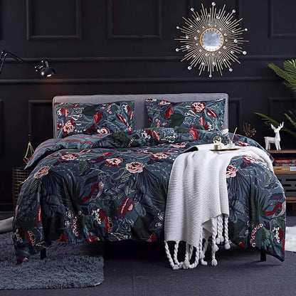 Floral Duvet Cover King Size Striped Green Botanical Bedding Set with Red Flower 3 Pieces Palm Leaf Soft Microfiber Reversible Duvet Cover Set for Men Women