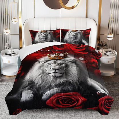 Wild Lion Comforter Set Queen Size, 3Pcs Animal Lion and Red Rose Bedding Set for Women and Adults, Cheetah Soft Comforter Set for Bedroom Bed Decor, 1 Comforter+ 2 Pillowcases.