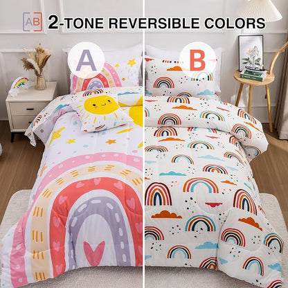 A Nice Night Bedding 6 Pcs Cartoon Rainbow Bedding Set with Smile Sun Printed for Boys Girls Bed Comforter Sets (White, Full)