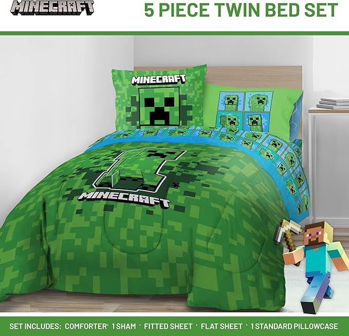 Jay Franco Kids Comforter Set Includes Sheets and Pillow Covers - Soft and Cozy Bed Set for Stylish Room Decor, Green - Minecraft Creeper, 5 Piece Twin Size Bedding