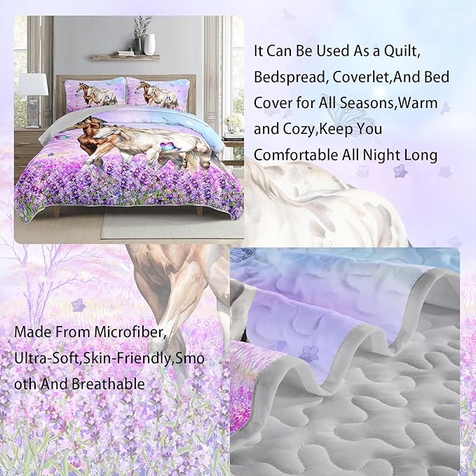 AILONEN Quilt Set Full Size, Purple Floral Horse Soft Bed Cover Bedding Set for Kids and Adults, Farmhouse Lightweight Bedspread Coverlet with 2 Pillowcases All Season
