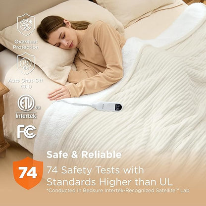 Bedsure GentleSoft Electric Blanket Twin - Soft Ribbed Flannel Heated Blanket, Heating with 10 Time Settings, 6 Heat Settings, and 8 hrs Timer Auto Shut Off, Gifts for Grandma (62"x84", Coconut White)