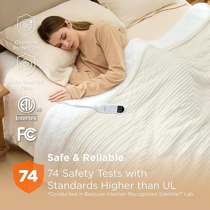 Bedsure GentleSoft Electric Blanket Full Size - Soft Ribbed Flannel Heated Blanket with 6 Heat Settings, Heating with 10 Time Settings, 8 hrs Timer Auto Shut Off (72x84 inches, Coconut White)