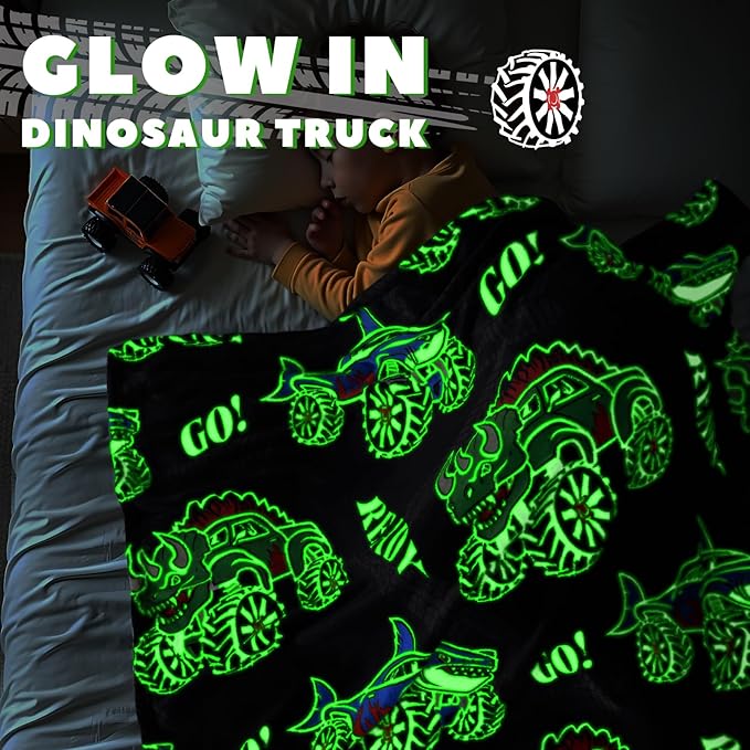 BORORO Glow in The Dark Truck Dinosaur & Shark Blanket - Excavator Construction Car Gifts for Boys Age 3-12, Soft Fleece Luminous Tractor Throw Blanket for Kids Room Decor 50"×60"