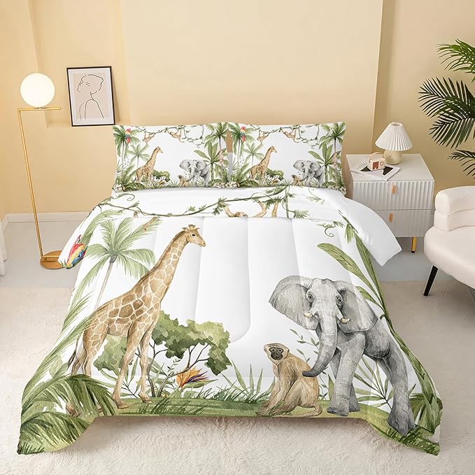 QOOMO Elephant Giraffe Monkeys Comforter King Size,Wild Animals Kids Comforter Set,3Pcs Bedding Set Printed Comforter with 2 Pillowcases,Down Alternative,Soft and Lightweight,for All Seasons