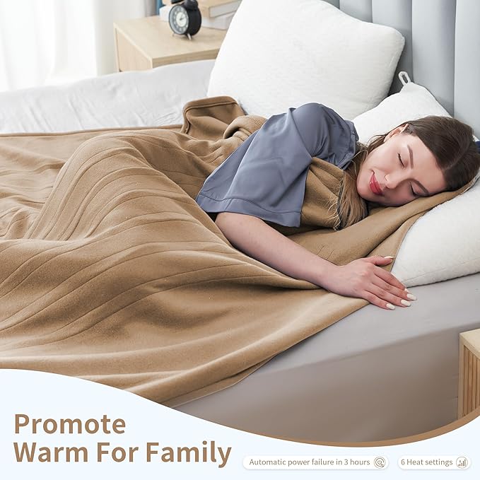 Electric Heated Blanket Full 72"x84", 4 Heating Levels & 10H Auto Shut Off, Soft Single-Side, Even Heat, Easy Care, Fleece Overheating Protection, Machine Washable, Light Brown