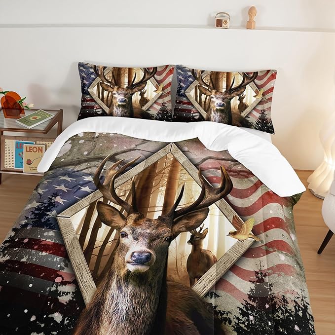 HOSIMA Hunting Bedding Sets 3Pcs Deer Comforter with 2 Pillowcases,Western Farmhouse Animal Hunting Stars Stripes USA Flag Full Size Comforter for Teen Boys Mens Bedroom Essentials RV Inside Decor.