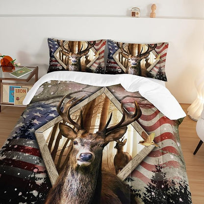 HOSIMA Hunting Bedding Sets 3Pcs Deer Comforter with 2 Pillowcases,Western Farmhouse Animal Hunting Stars Stripes USA Flag Queen Comforter Set for Teen Boys Mens Bedroom Essentials RV Inside Decor.