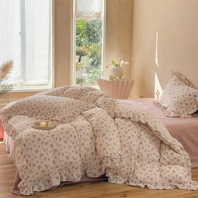BuLuTu Girls Floral Duvet Cover Set Twin, Pink Tuberose Print Quilt Cover for Kids Toddler Teens, Soft Breathable Muslin Cotton Comforter Cover for All Seasons, Zipper & Corner Ties