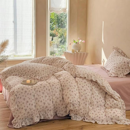 BuLuTu Girls Floral Duvet Cover Set Twin, Pink Tuberose Print Quilt Cover for Kids Toddler Teens, Soft Breathable Muslin Cotton Comforter Cover for All Seasons, Zipper & Corner Ties