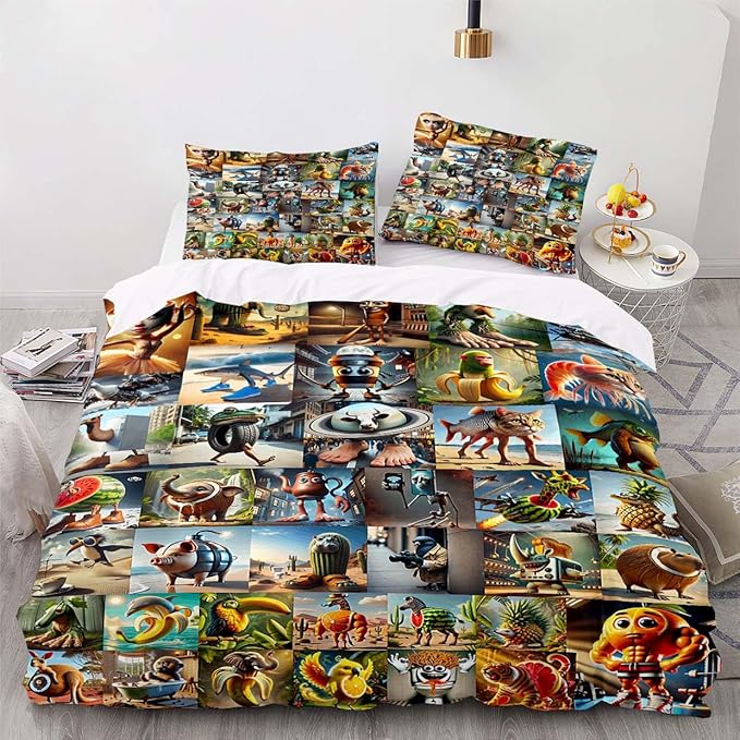 Funny Fusion Animals Bedding Set,Fusion Animals Duvet Cover Twin Full Queen King Set for Kids Boys Bed Decor Gifts (Color 6,Twin (68" x 90"))