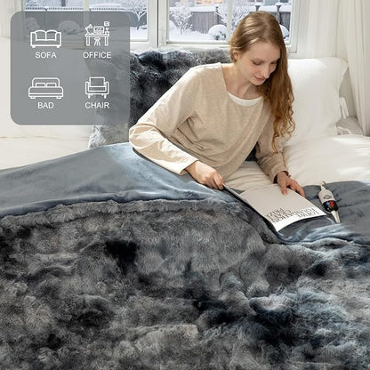 Faux Fur Heated Blanket Twin Size 62"X84" - Bubble Electric Blanket Fluffy Soft Fuzzy with 6 Fast Heating Levels & 10 hrs Timer Settings, Washable & ETL Certified for Office Bed, Tie-Dye Blue