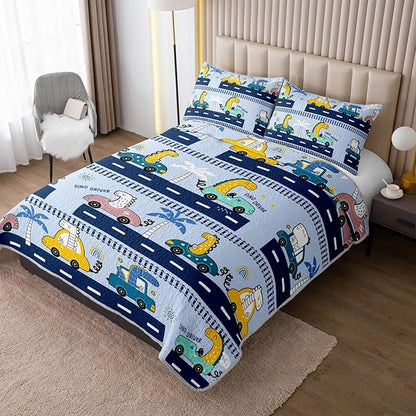 QOOMO Cartoon Car Quilt Set Full/Queen Size,Dinosaur Bedspread Coverlet Set,Vehicle 3Pcs Bedding Set Printed Quilt with 2 Pillowcases,Soft and Lightweight,for All Seasons