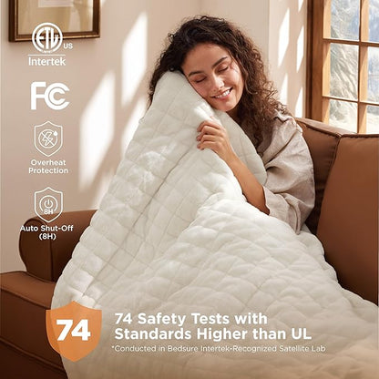 Bedsure Electric Blanket Queen Size - Dual Control Heated Weighted Blanket Queen with 10 Heat Settings, Fast Heating with 10 Time Settings (84x90 inches, Ivory)