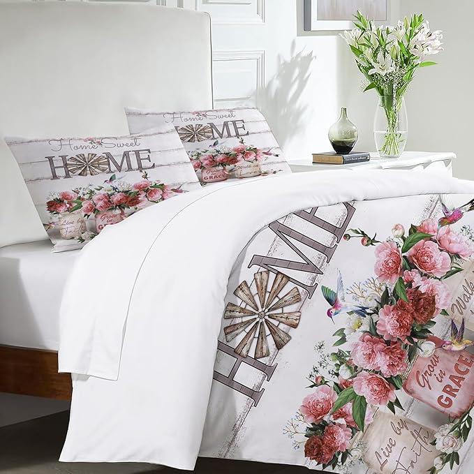 Rose Flower Theme 3 Pieces Duvet Cover Comforter Set with 2 Pillowcase Twin Size Pink Peony Floral Bed Sheet Quilt Bedroom Bedding for Lover Kids