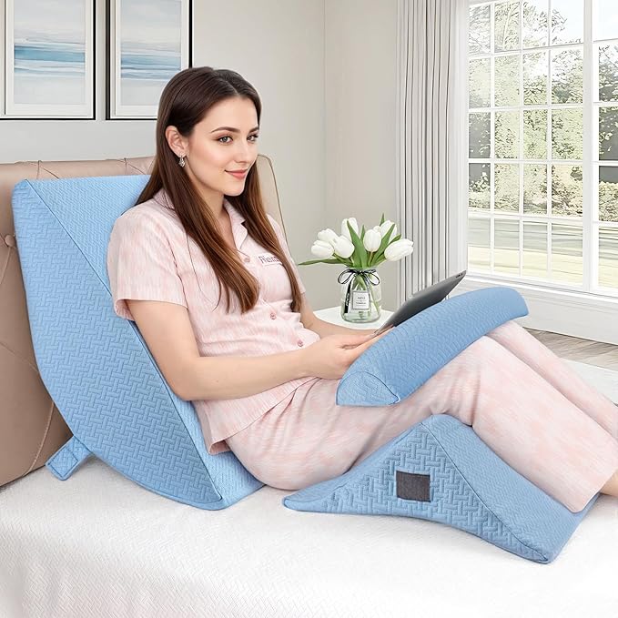 Bed Wedge Pillow for Sleeping, 3PCS Wedge Pillow Set for After Surgery, Adjustable 7 &12 inch Pillow Wedges for Acid Reflux Relief, Back Pain Relief, Sleep Apnea, Sitting Up, Headboard (Light Blue)