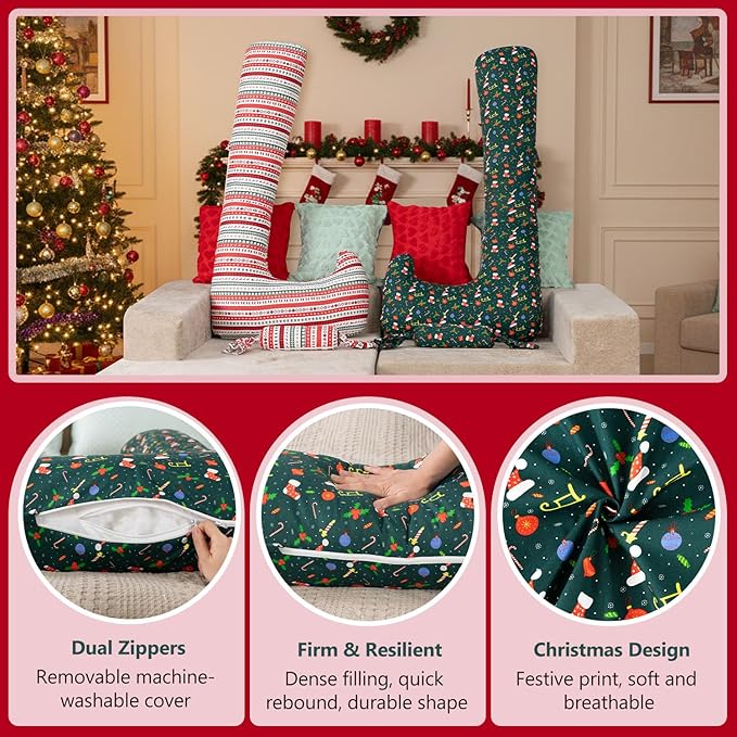 Body Pillow for Adults Side Sleeping & Pregnancy, 55 Inch Long Bolster Pillow with Mini Candy, Firm Support, Full Length Hugging Bolster for Beds, Removable Machine Washable Green Christmas Pillowcase