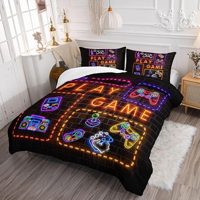 Kids Comforter Set Neon Gamepad Printed Pattern Bedding Set with 1 Comforter and 2 Pillowcases for Girls Boys Bedroom All Season(C-Neon Gamepad Full)